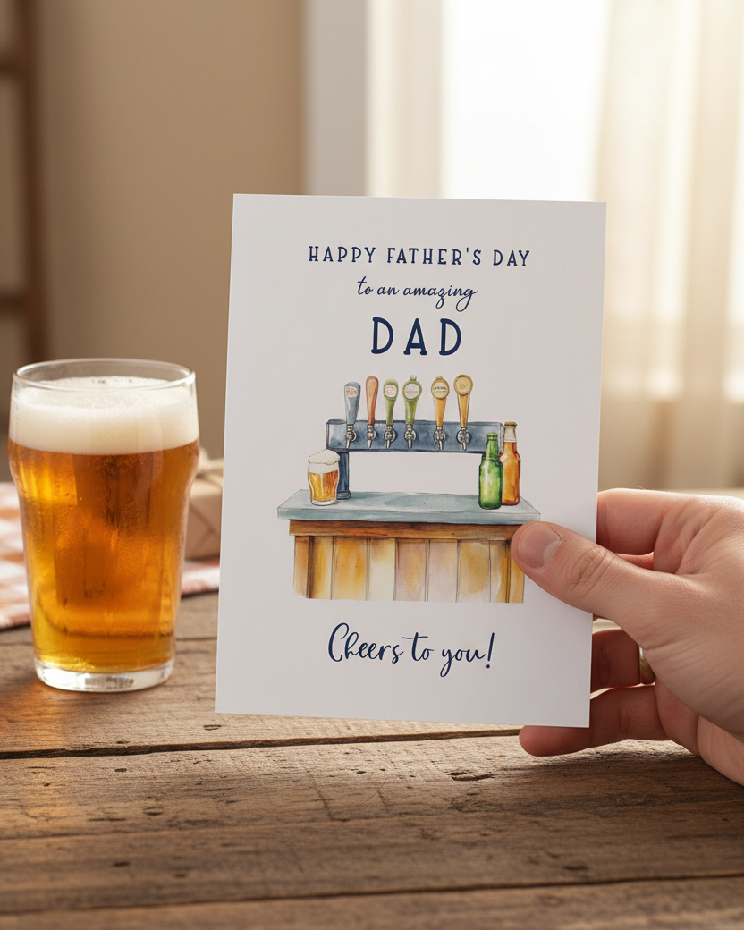 Image of Hand Holding Father's Day Card Beer Themed, lifestyle image created with Ai assistance | Oliver Rose Designs