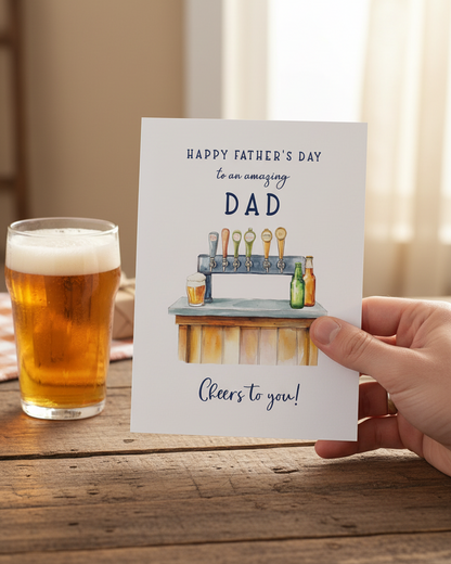 Image of Hand Holding Father's Day Card Beer Themed, lifestyle image created with Ai assistance | Oliver Rose Designs