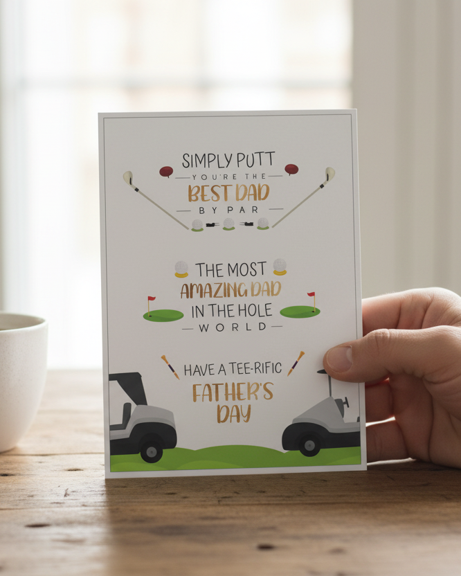 Hand Holding a golf themed Father's Day Card, lifestyle image created with Ai assistance | Oliver Rose Designs