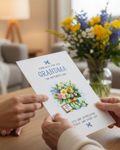Mothers Day Card especially for you Grandma, Blue/Yellow Bouquet (8x6 inches)