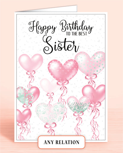 An A5 (8x6 inch) Birthday Card with words: Happy Birthday to the best Sister. Pink & Mint Green Heart Shaped Balloons with Pale Grey Heart Patterned background | Oliver Rose Designs