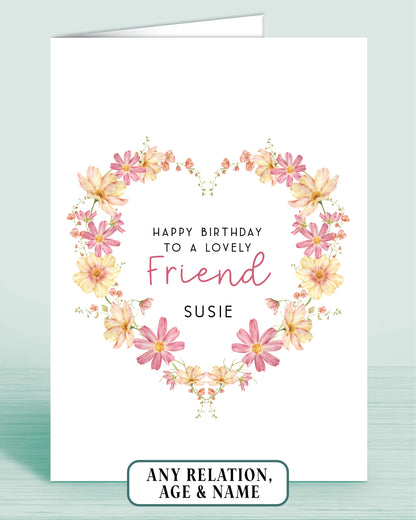 Personalised Birthday Card for Friend, Pink & Yellow Floral Wreath (8x6 inches)