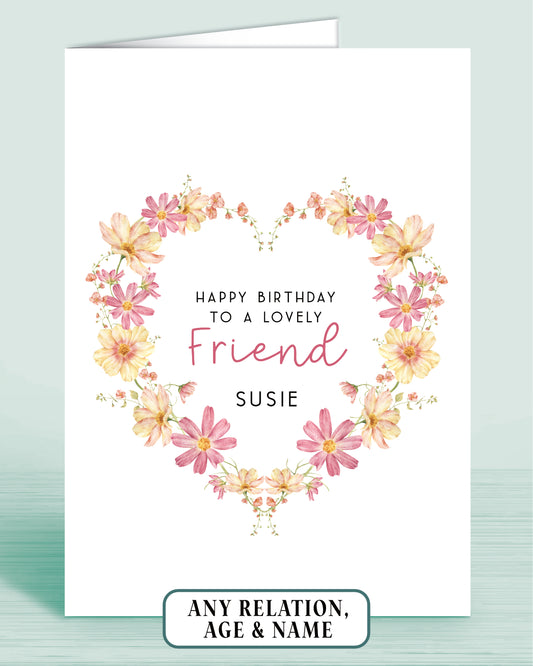 Personalised Birthday Card for Friend, Pink & Yellow Floral Wreath (8x6 inches)