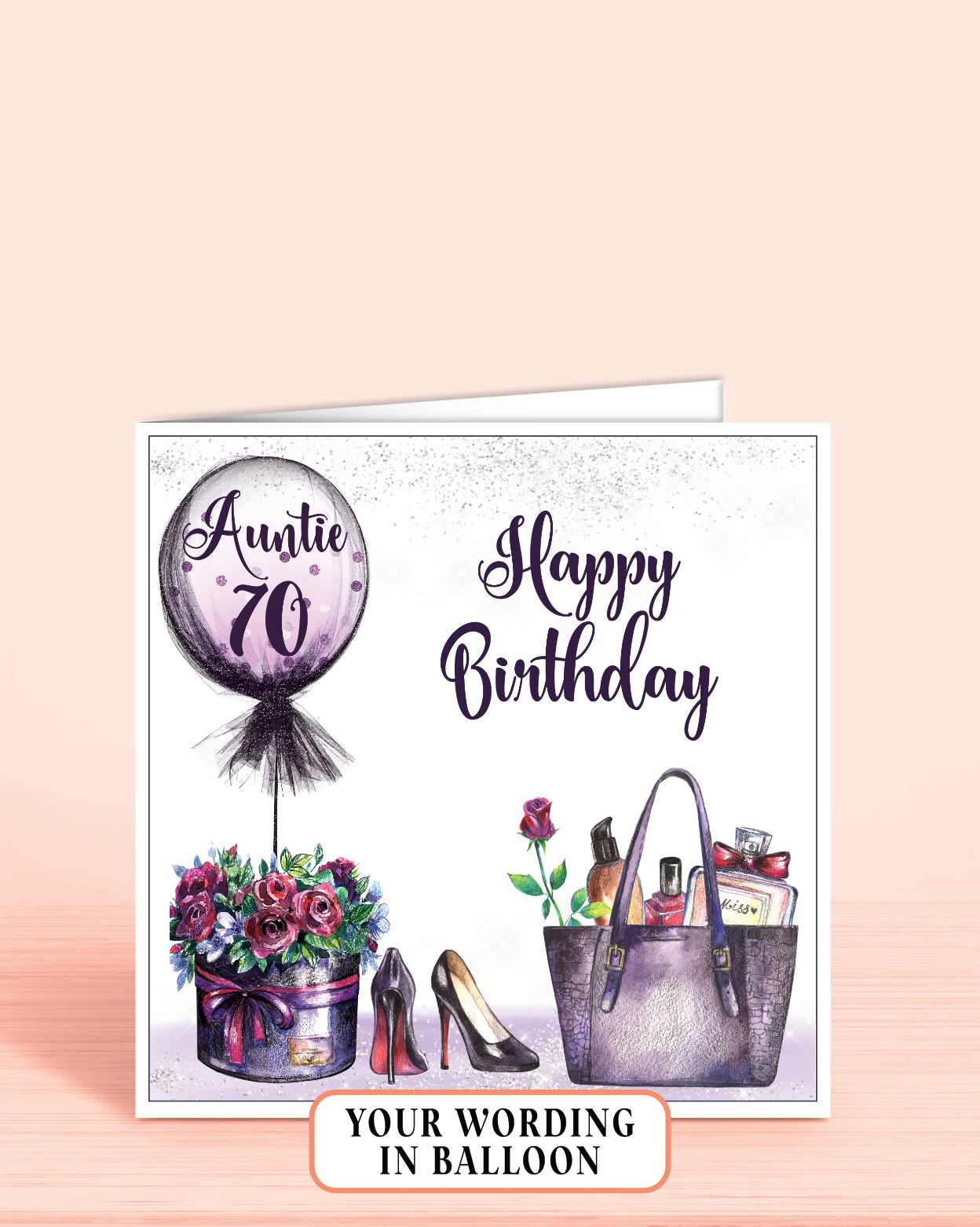 Personalised Birthday Card for Auntie, Personalised 70th Birthday Card, Purple Floral Balloon "Happy Birthday' Card (5.75" Square) - Oliver Rose Designs
