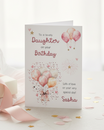 Lifestyle image of Daughter Pink Balloons Birthday Card, to a lovely Daughter on your Birthday, Lots of love on your very special day! Add name if required. AI assisted image