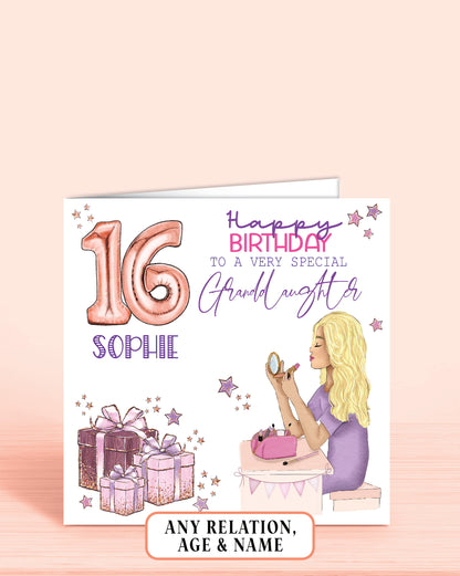 A blonde haired girl doing her makeup, some purple & lilac presents and a large age 16 balloon (can be any other age) with girls name printed underneath, if required. The card reads: Happy Birthday to a very special Granddaughter (or any other relation) | Oliver Rose Designs