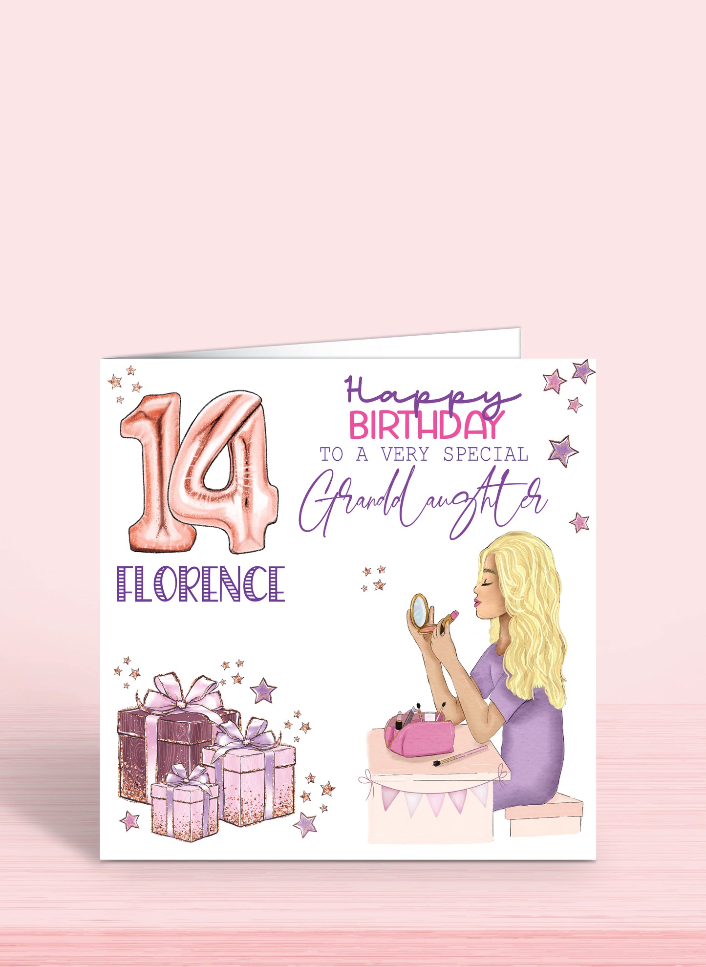 14th Birthday CGranddaughter Birthday Card, Girls Makeup Personalised 14th Birthday Card, 6 inches square, Happy Birthday To a very special Daughter, BLONDE HAIR or BROWN HAIR | Oliver Rose Designs