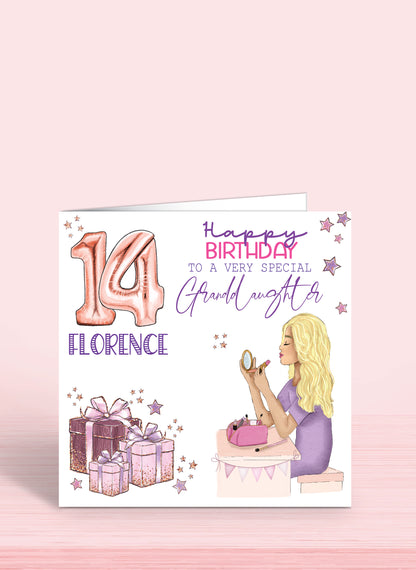 14th Birthday CGranddaughter Birthday Card, Girls Makeup Personalised 14th Birthday Card, 6 inches square, Happy Birthday To a very special Daughter, BLONDE HAIR or BROWN HAIR | Oliver Rose Designs