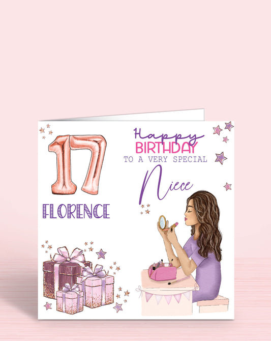 14th BirthdaNiece Birthday Card, Girls Makeup Personalised 17th Birthday Card, 6 inches square, Happy Birthday To a very special Sister, BLONDE HAIR or BROWN HAIR | Oliver Rose Designs