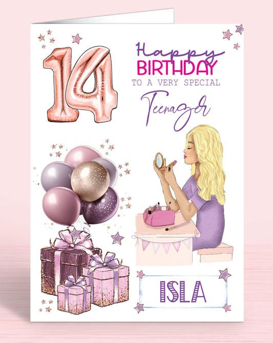 Personalised Teenager Birthday Card, 14th Birthday Card for Girls, Makeup Girl BLONDE HAIR | Oliver Rose Designs
