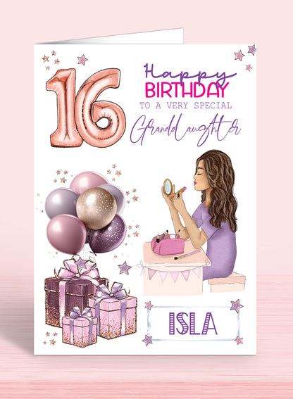 Personalised Teenager Birthday Card, Granddaughter Birthday Card, 14th Birthday Card for Girls, Makeup Girl BROWN HAIR | Oliver Rose Designs
