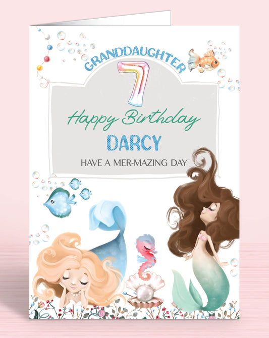 Granddaughter 7th Mermaid Birthday Card, blue & green, personalised with name, happy birthday, have a mer-mazing day | Oliver Rose Designs