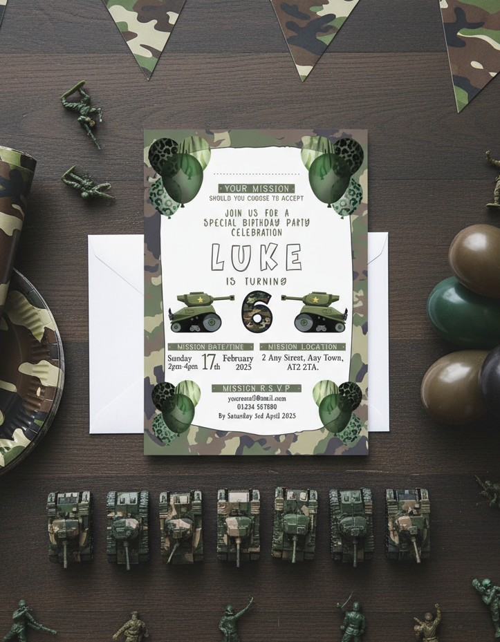 Army Tank birthday party invitation for Military themed birthday party with styled background for illustration purposes only.