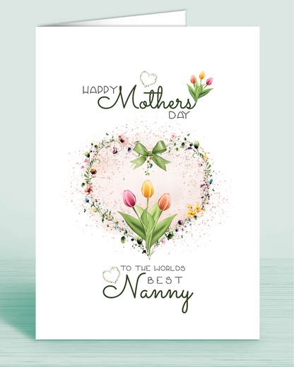 A Mother's Day card with a green tulip floral design and a message that reads 'Happy Mothers Day to the worlds best Nanny | Oliver Rose Designs