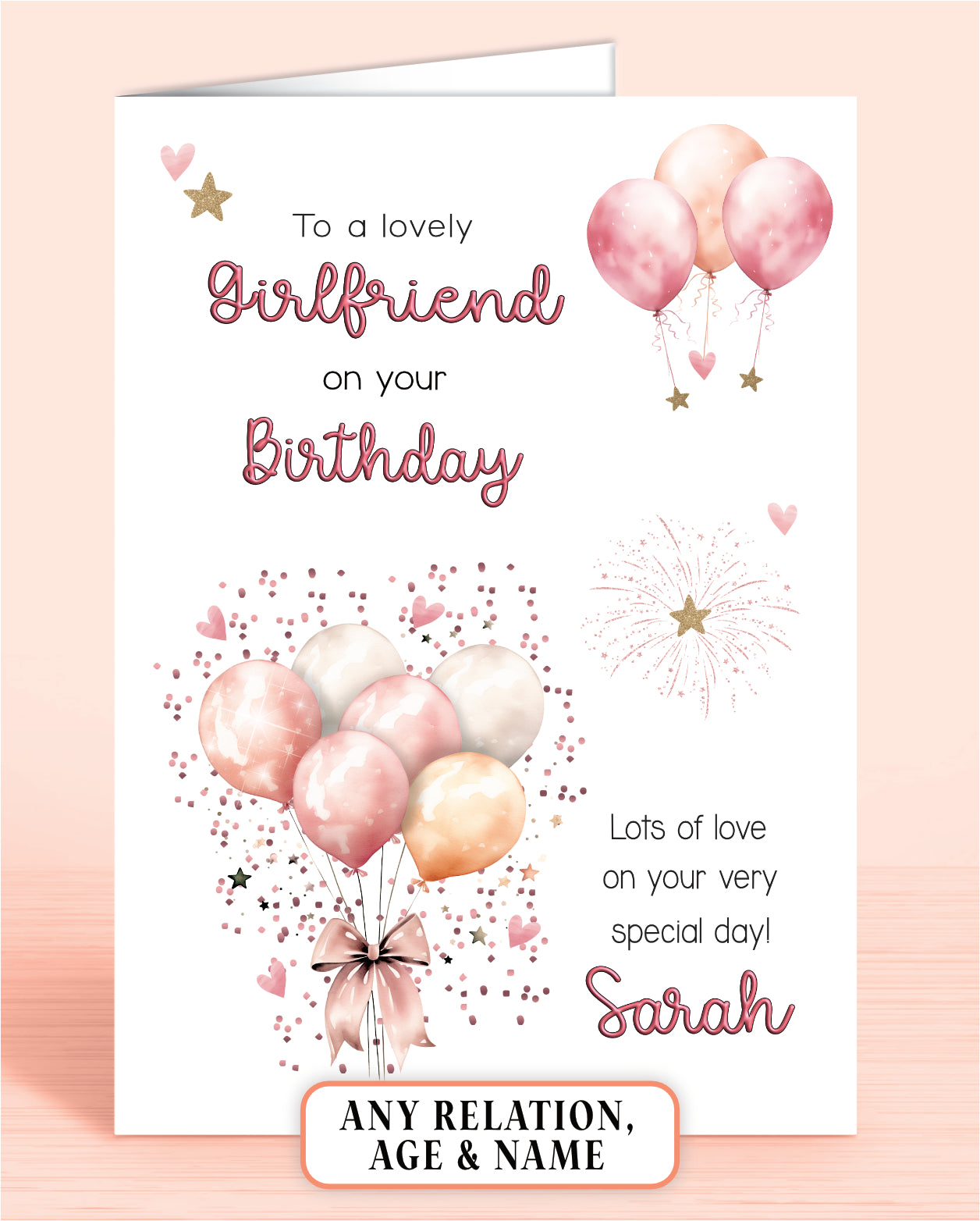 Girlfriend Birthday Card, Personalised Birthday Card for Her (approx 6x6 inches, inc envelope) - Oliver Rose Designs