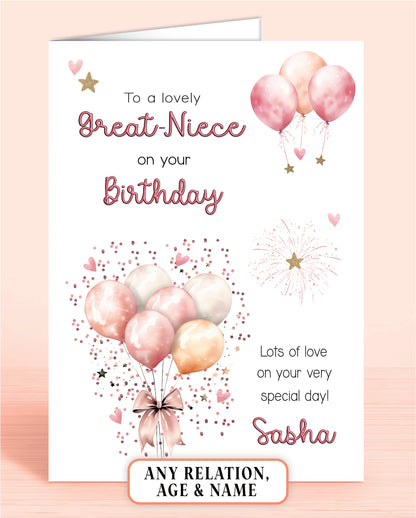 Great-Niece Birthday Card, Personalised Birthday Card for Her (approx 6x6 inches, inc envelope) - Oliver Rose Designs