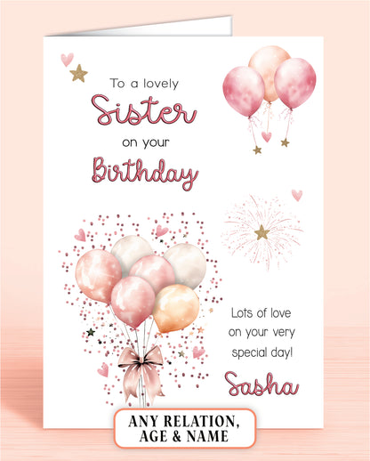 Sister Birthday Card, Personalised Birthday Card for Her (approx 6x6 inches, inc envelope) - Oliver Rose Designs