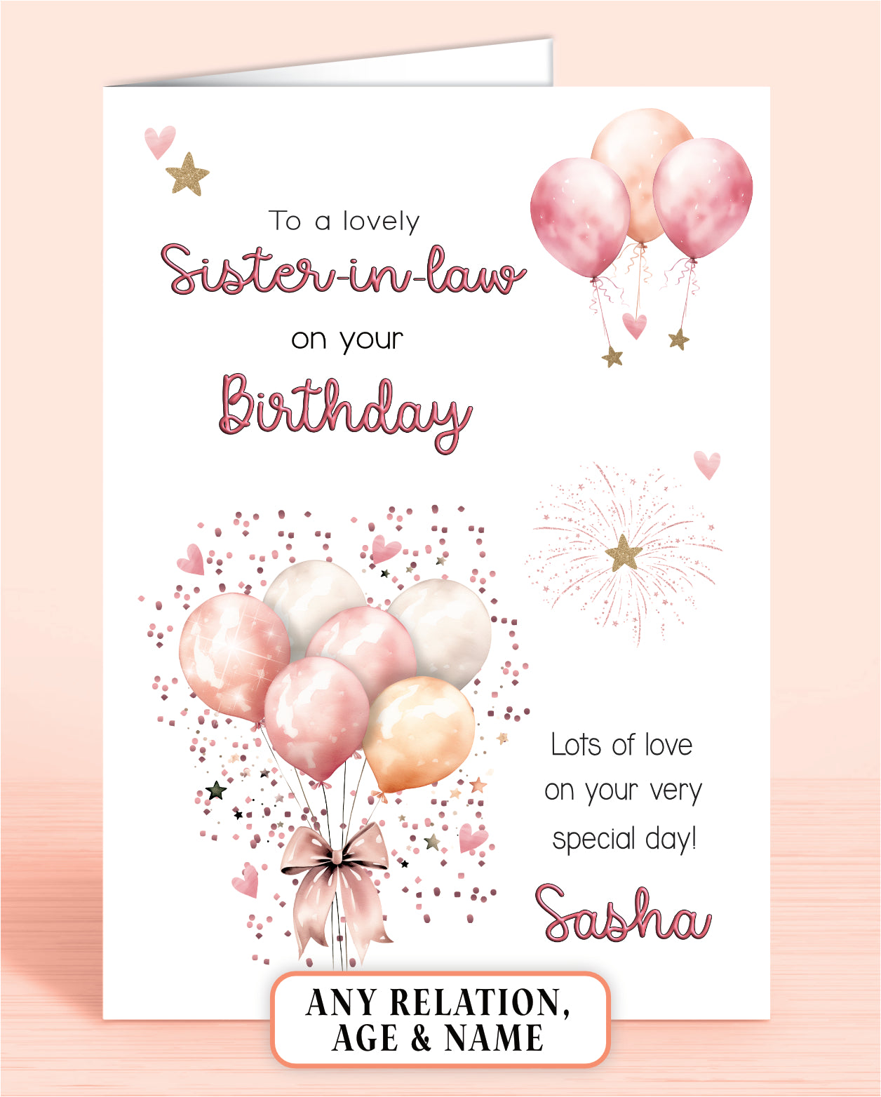 Sister-in-law Birthday Card, Personalised Birthday Card for Her (approx 6x6 inches, inc envelope) - Oliver Rose Designs