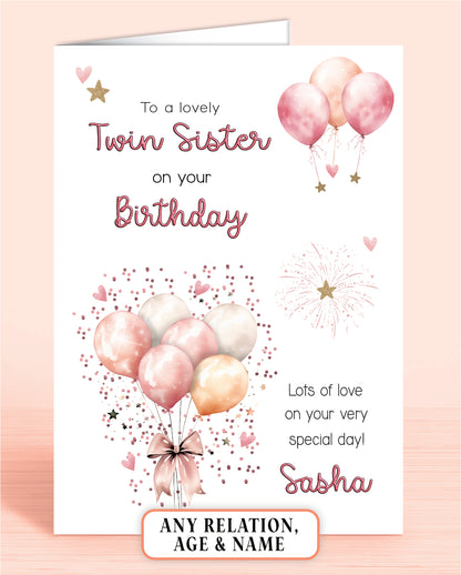 Twin Sister Birthday Card, Personalised Birthday Card for Her (approx 6x6 inches, inc envelope) - Oliver Rose Designs