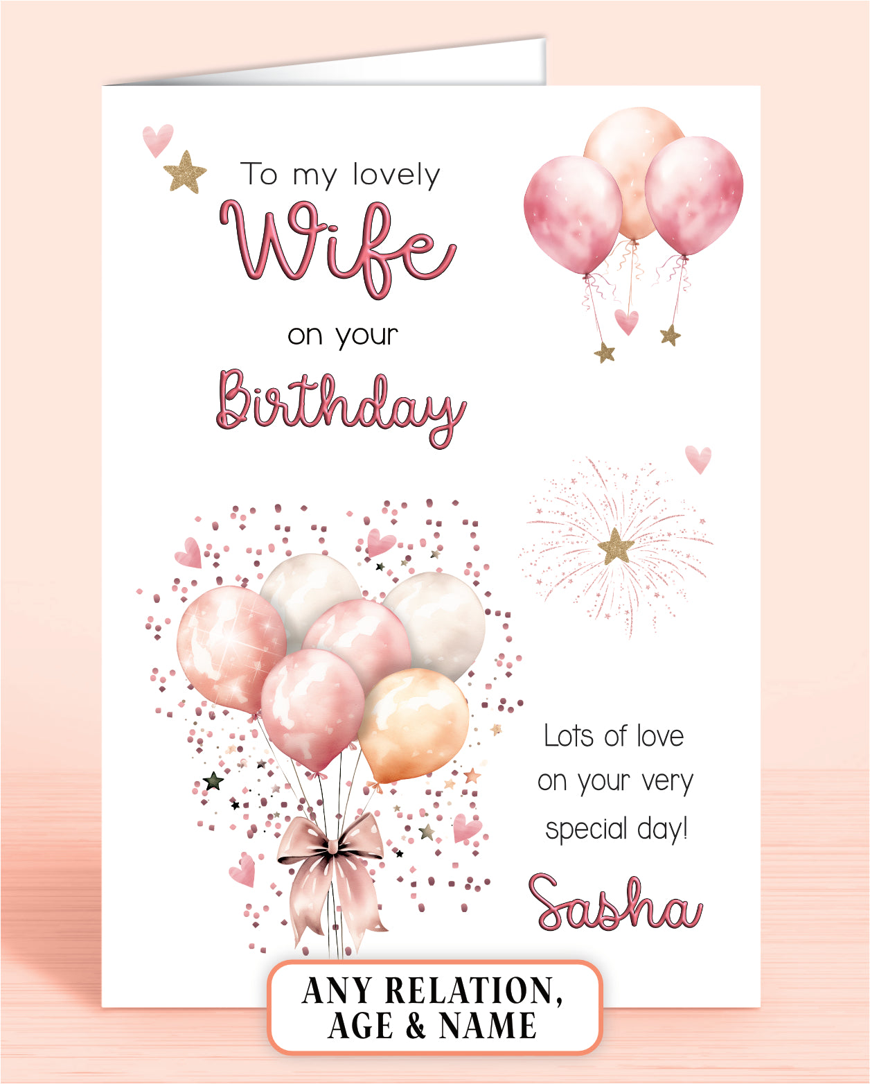 Wife Birthday Card, Personalised Birthday Card for Her (approx 6x6 inches, inc envelope) - Oliver Rose Designs