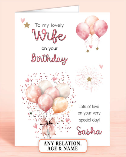 Wife Birthday Card, Personalised Birthday Card for Her (approx 6x6 inches, inc envelope) - Oliver Rose Designs