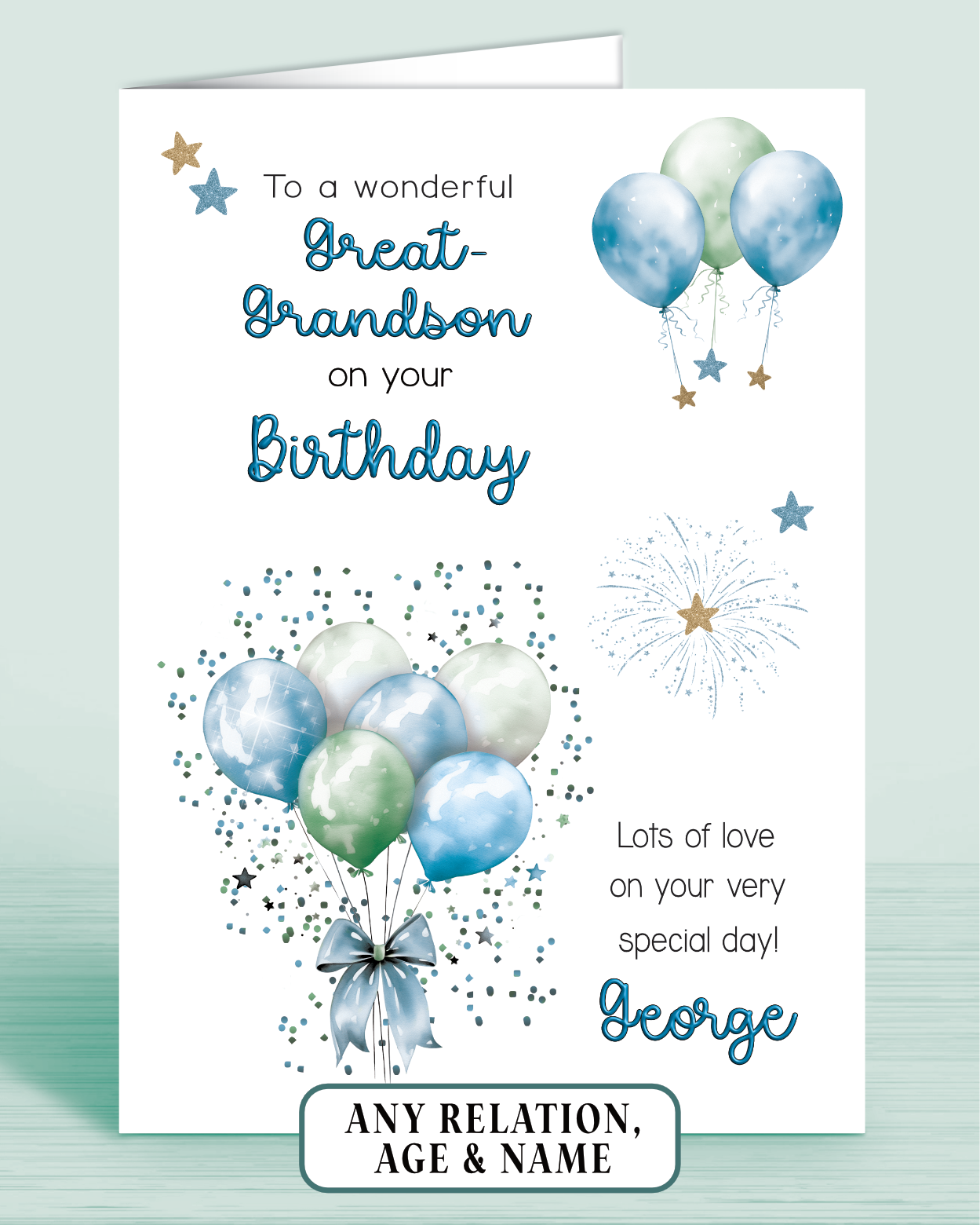 Great-Grandson Birthday Card, Personalised Birthday Card for Him (approx 6x6 inches, inc envelope) - Oliver Rose Designs