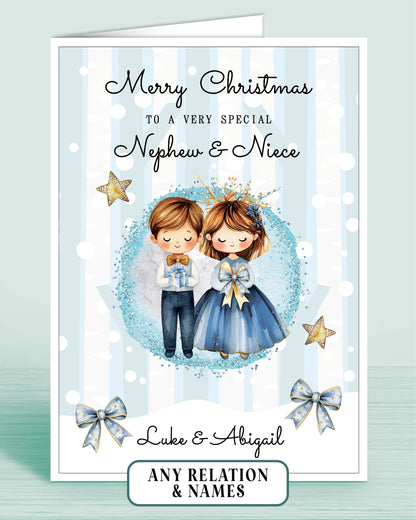 Personalised Christmas card for a very special Nephew & Niece with a boy & girl holding a gift & bow, stars, and blue bows on a light blue snowy background.