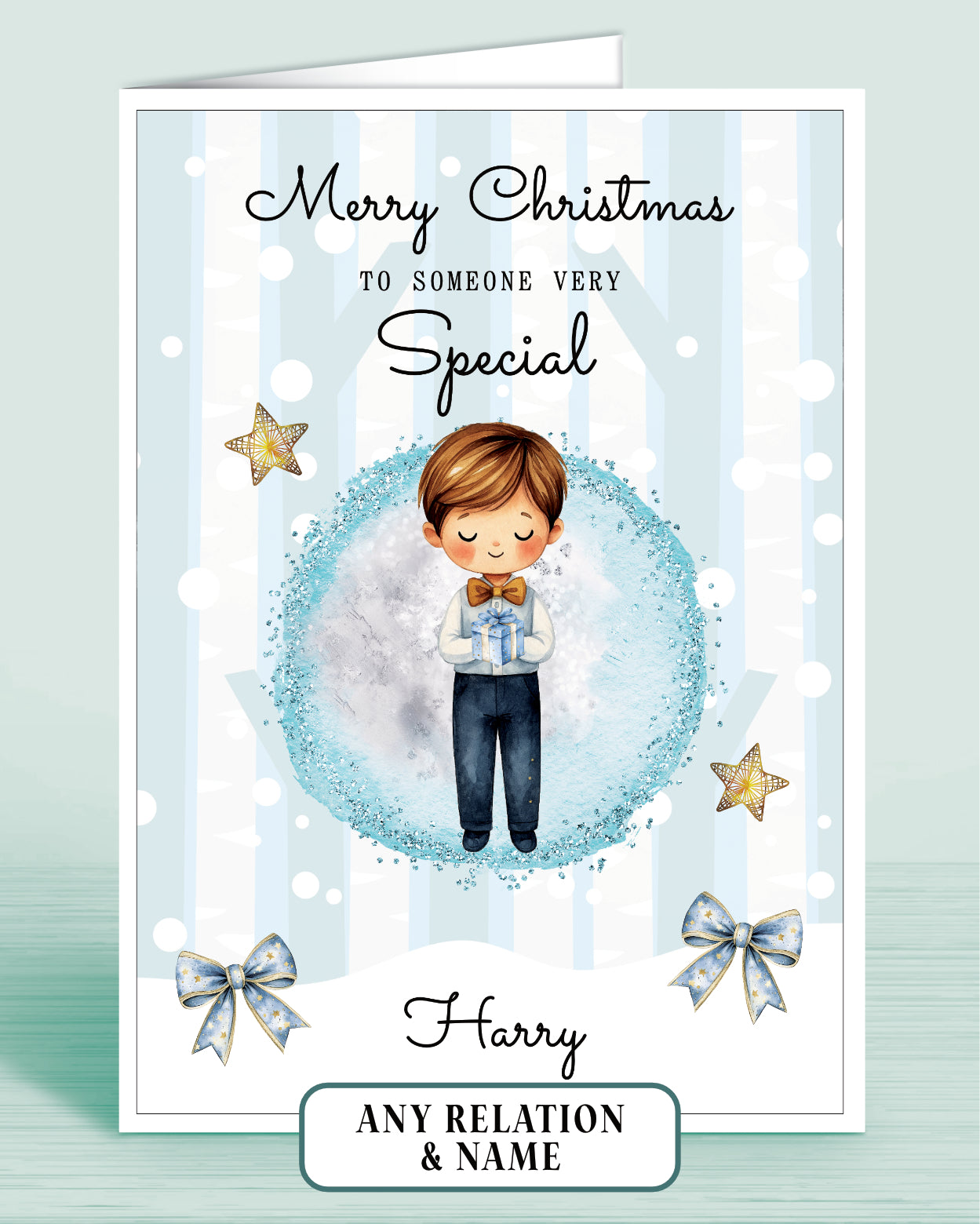 Personalised Christmas card to someone very special with a boy holding a gift, stars, and blue bows on a light blue snowy background.