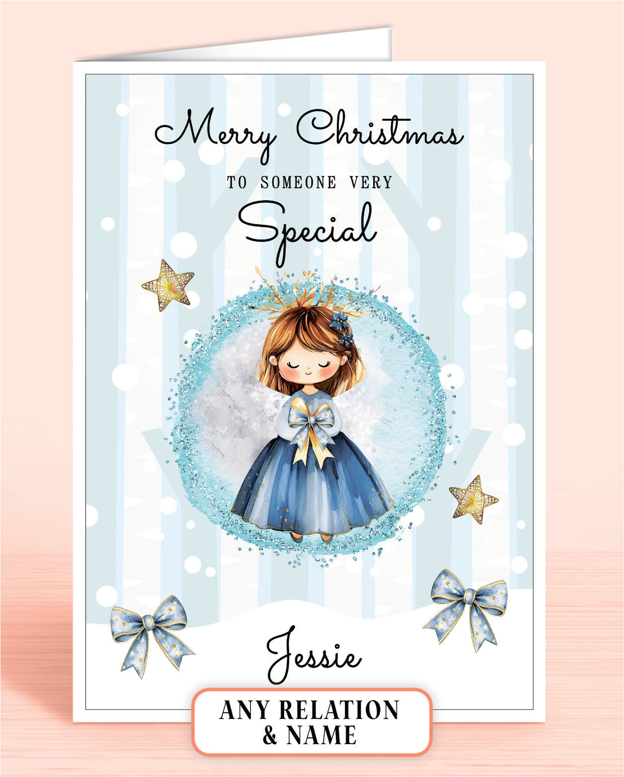 Personalised Christmas card to someone very special with a girl holding a bow, stars, and blue bows on a light blue snowy background.