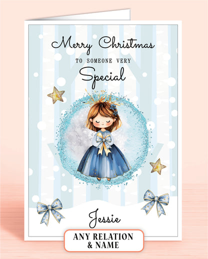 Personalised Christmas card to someone very special with a girl holding a bow, stars, and blue bows on a light blue snowy background.