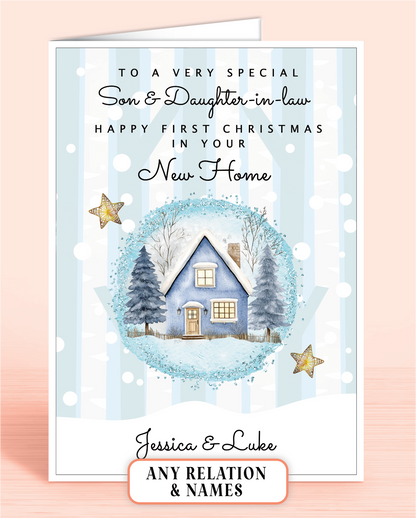 Personalised First Christmas in New Home Card + RELATIONS: Snow Scene (8x6 inches)