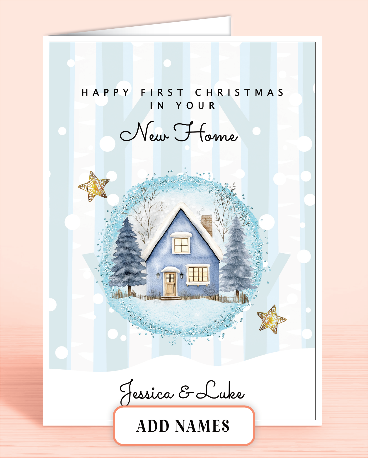 Personalised First Christmas in New Home Card: Snow Scene (8x6 inches)