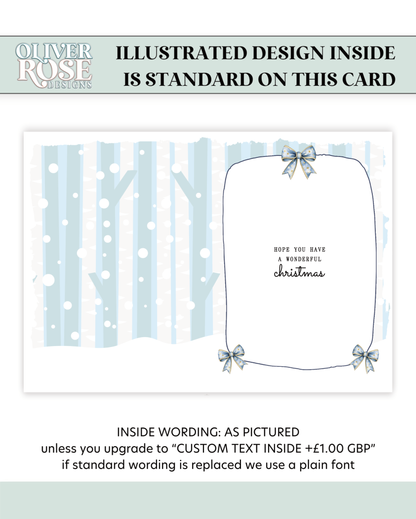 Personalised First Christmas in New Home Card + RELATIONS: Snow Scene (8x6 inches)