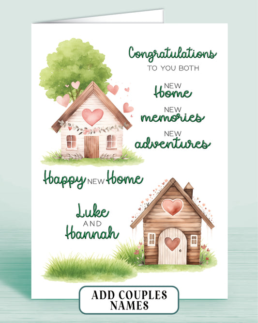 Personalised New Home Card for a Couple with 2 tree house style log houses. Wording: Congratulations to you both. New Home, New memories, new adventures. Happy New Home with couples Names. 