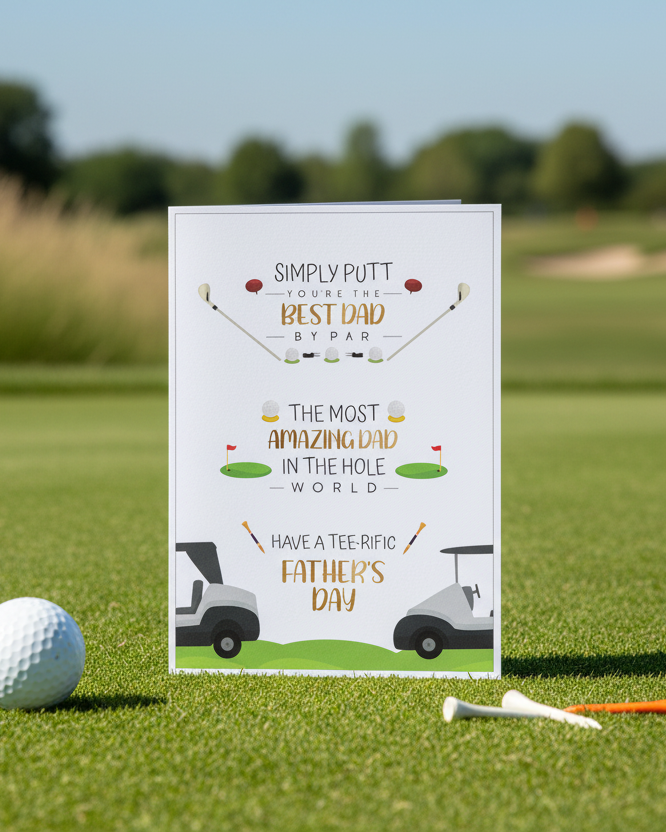 Outdoor Scene of a golf themed Father's Day Card, lifestyle image created with Ai assistance | Oliver Rose Designs