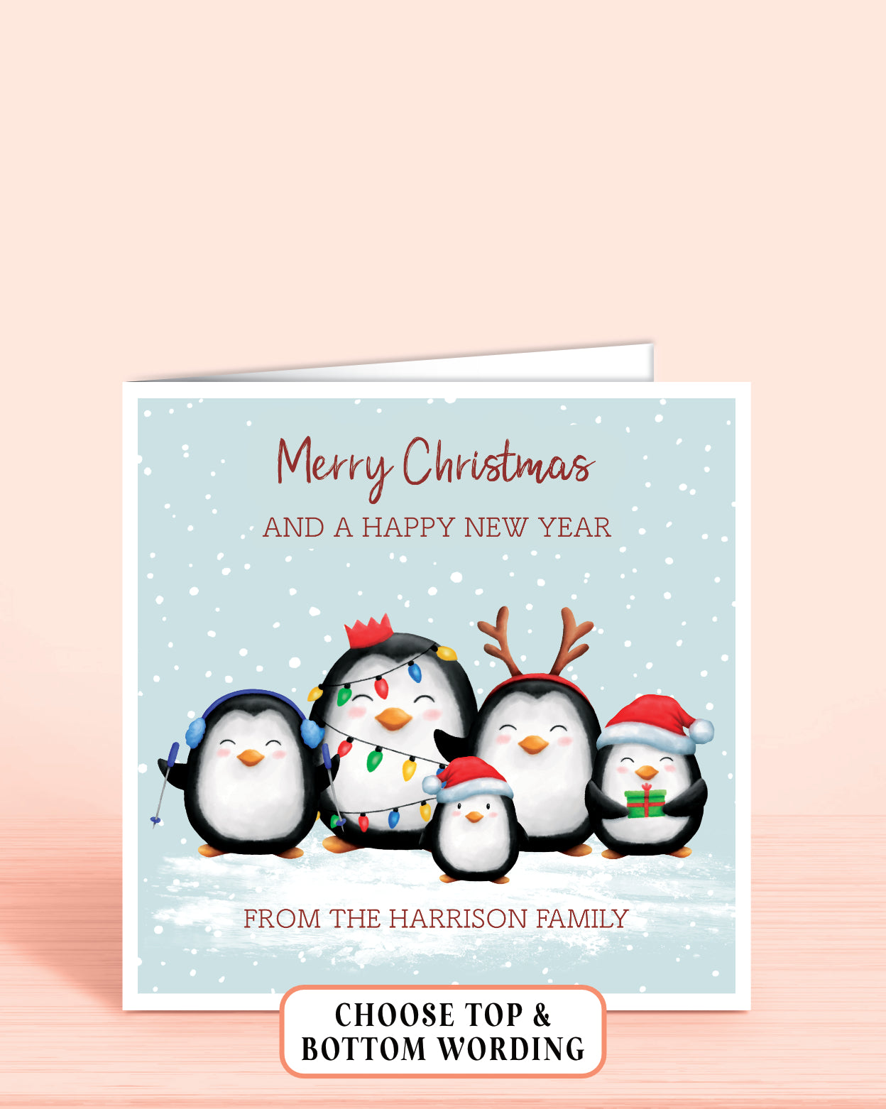 Personalised Christmas card with five cheeky penguins holding christmas lights on a light blue snowy background, 6x6 inches with envelope
