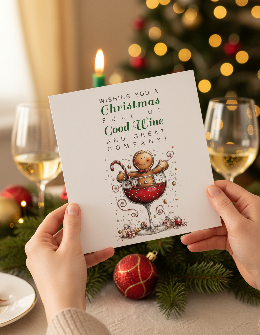Lifestyle image of hands holding Red Wine Gingerbread Man Christmas Card | Oliver Rose Designs