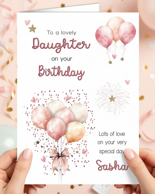 Lifestyle image of hands holding a Daughter Pink Balloons Birthday Card, to a lovely Daughter on your Birthday, Lots of love on your very special day! Add name if required. AI assisted image.