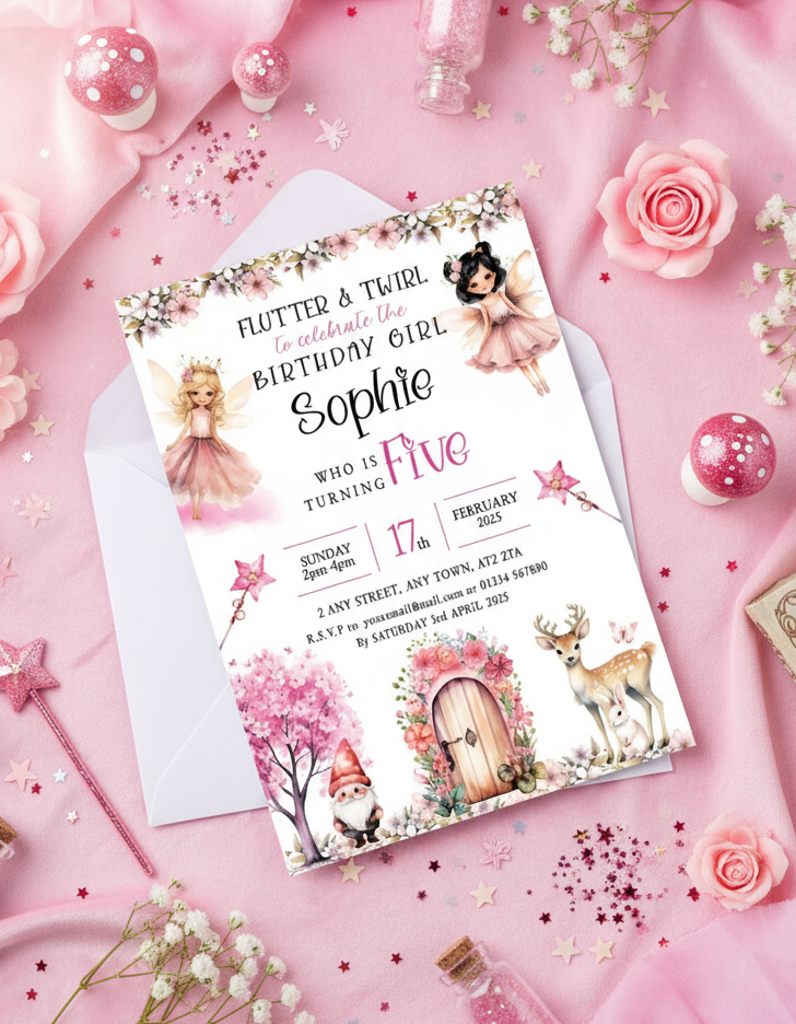 Fairies birthday party invitation for Fairy themed birthday party with styled background for illustration purposes only.