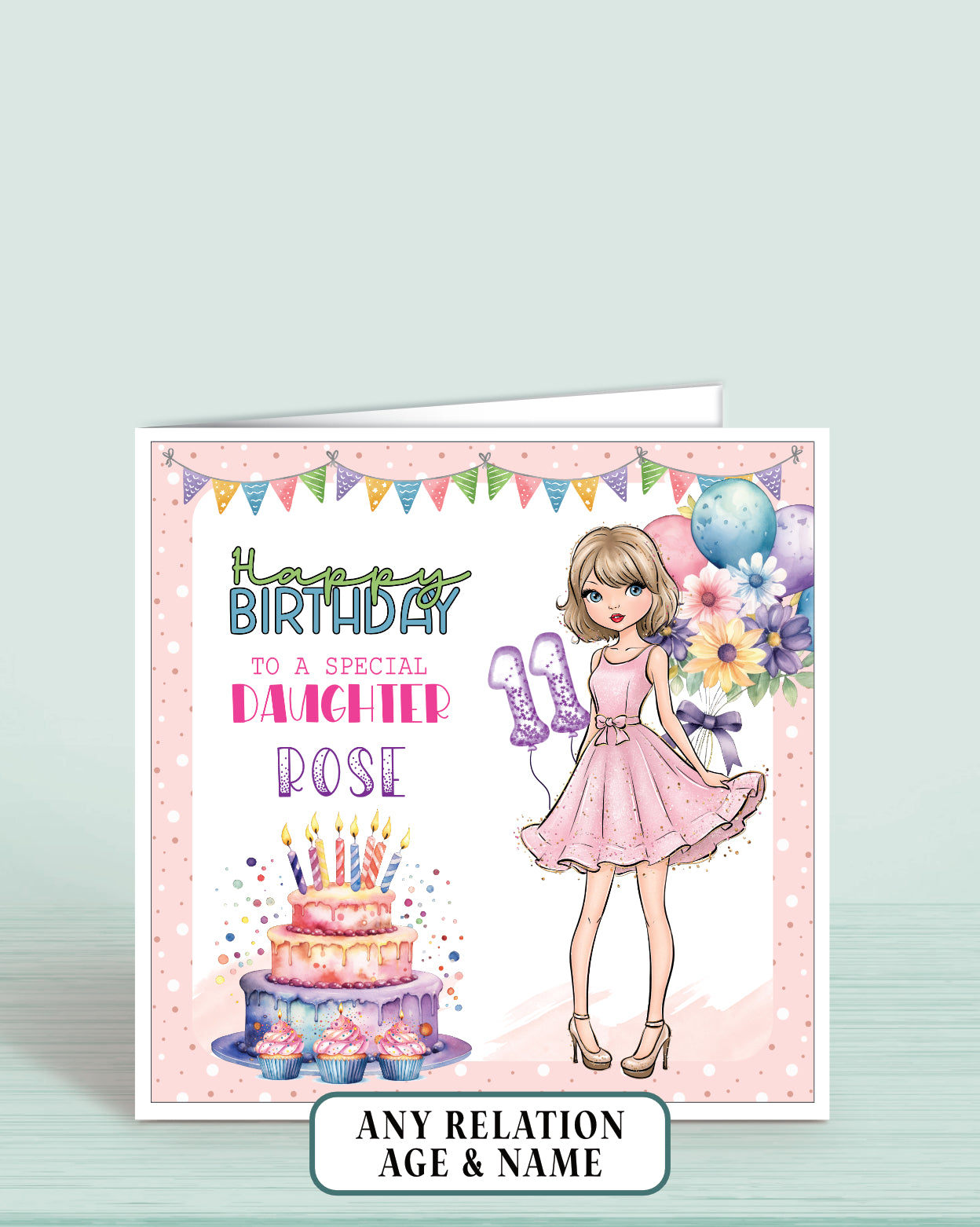 Birthday card for a special daughter with a girl in a pink dress, cake, and balloons on a light pink dotted background.