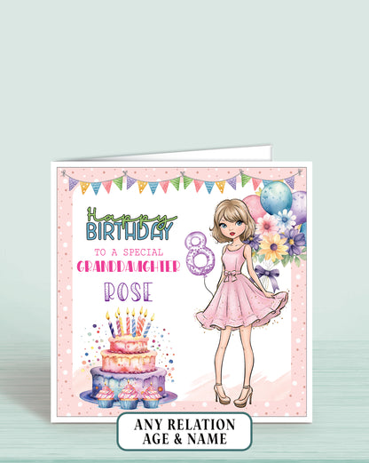Birthday card for a special granddaughter with a girl in a pink dress, cake, and balloons on a light pink dotted background.