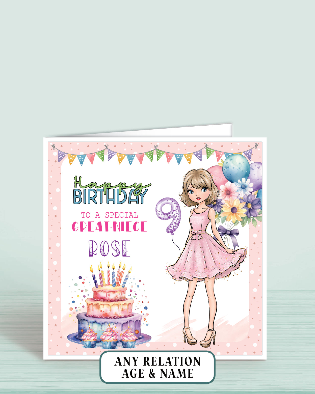 Birthday card for a special great-niece with a girl in a pink dress, cake, and balloons on a light pink dotted background.