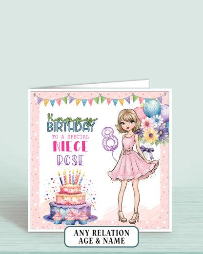 Birthday card for a special niece with a girl in a pink dress, cake, and balloons on a light pink dotted background.