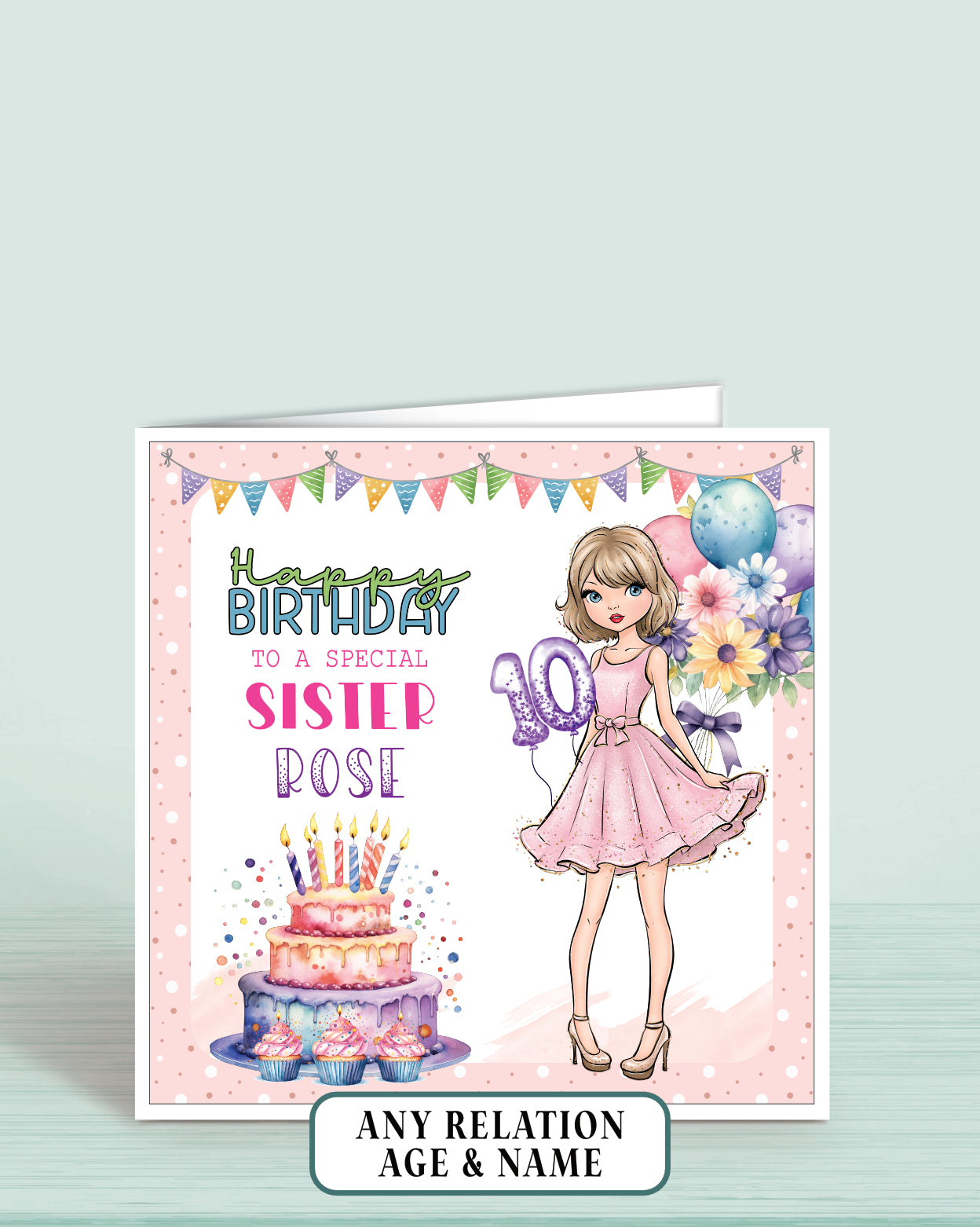 Birthday card for a special sister with a girl in a pink dress, cake, and balloons on a light pink dotted background.