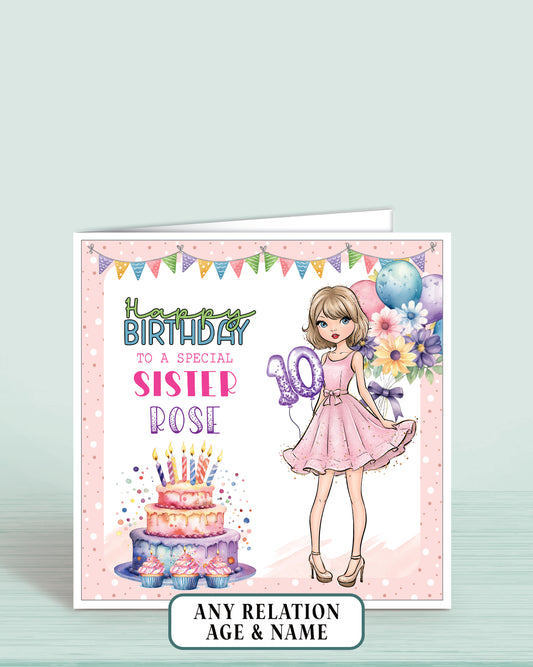 Birthday card for a special sister with a girl in a pink dress, cake, and balloons on a light pink dotted background.