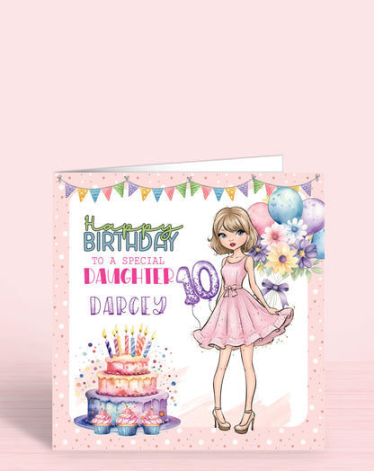 Daughter Personalised Birthday Card, Dauighter Birthday Card, Birthday Card for Girls, Pretty Pastel Design, Any Age, Any Relation | OLIVER ROSE DESIGNS