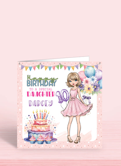 Daughter Personalised Birthday Card for Teenager, Pink Dress