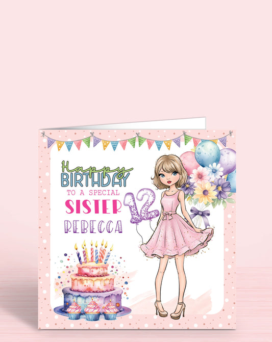 Sister Personalised Birthday Card, Sister Birthday Card, Birthday Card for Girls, Pretty Pastel Design, Any Age, Any Relation | OLIVER ROSE DESIGNS