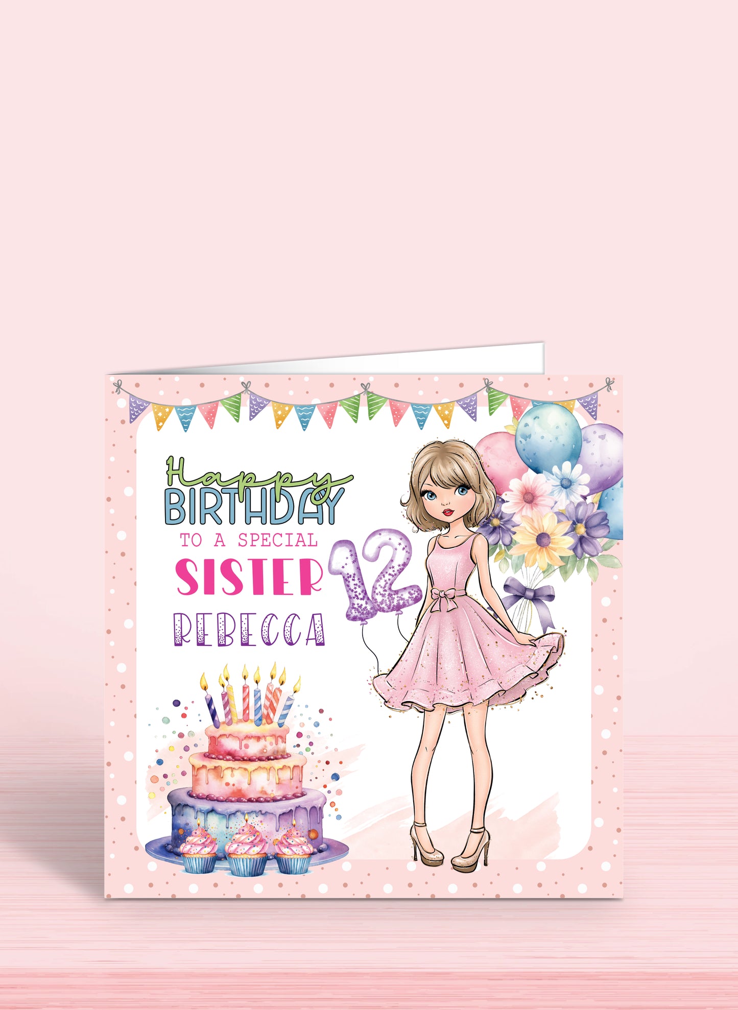 Sister Personalised Birthday Card for Teenager, Pink Dress