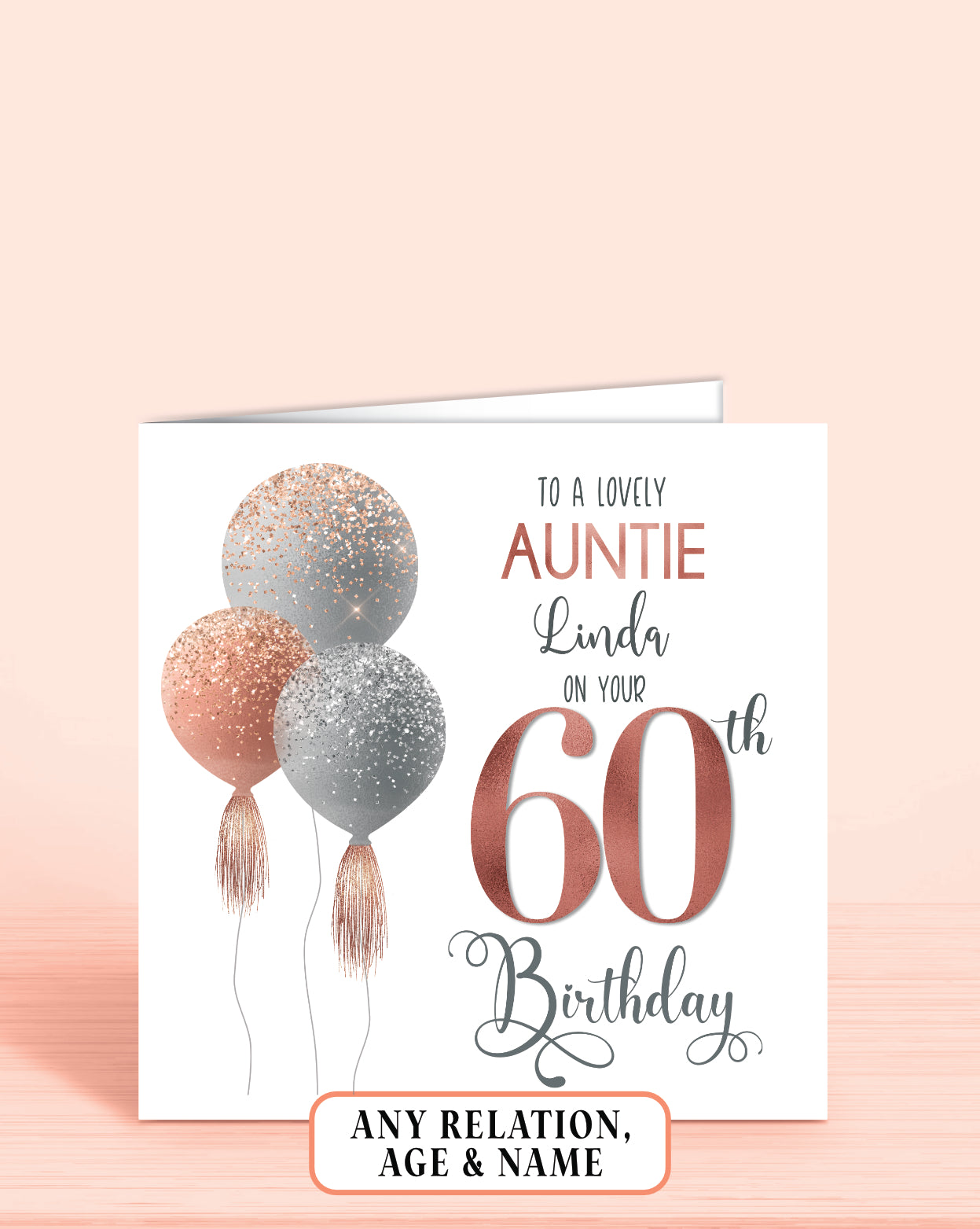 Auntie Birthday Card, Personalised 60th Birthday Card for Aunt, Pink Balloons Birthday Card (5.75" Square) - Oliver Rose Designs